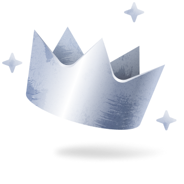 Silver crown with four points floating above a shadow, surrounded by three sparkling stars.