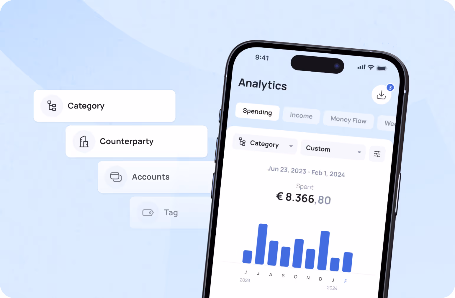 Smartphone screen showing a financial analytics app with spending data, a bar chart from July 2023 to February 2024, and filters for Category and Custom date range.