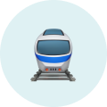Blue and white train facing forward on light blue circular background