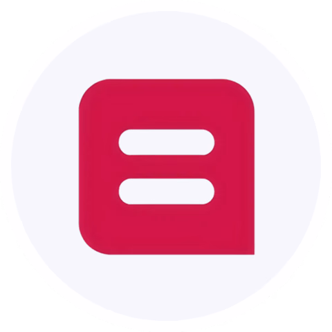 A dark red square icon with two white horizontal lines inside, centered on a light gray circular background
