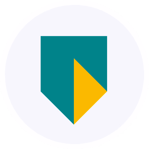 Teal and yellow geometric shield logo on light background