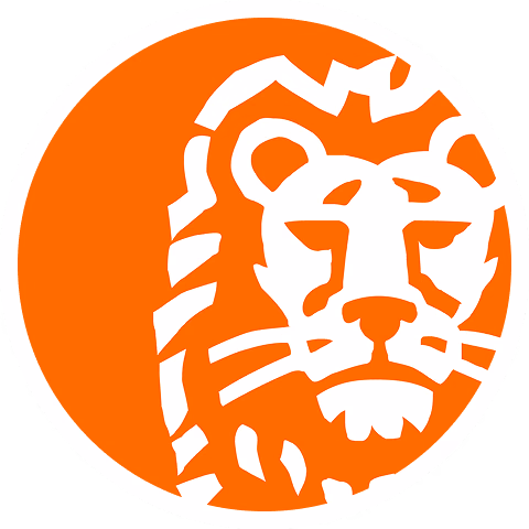 Orange circular logo featuring a stylized lion's head in white negative space