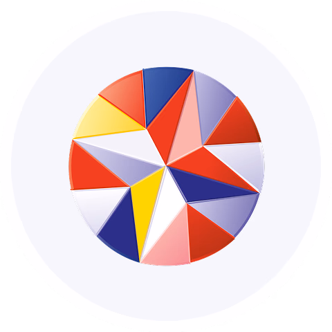 A colorful pie chart with triangular segments in red, blue, yellow, and pink arranged in a circular pattern