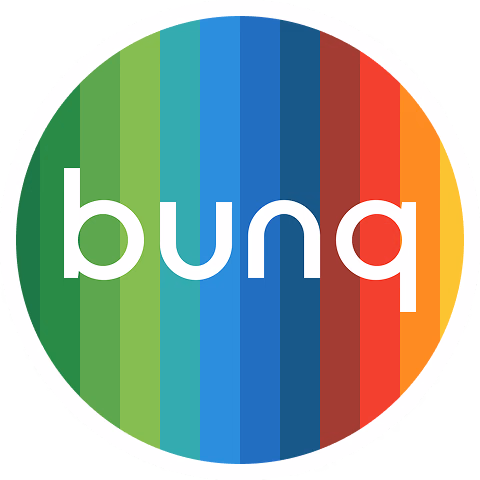 Bunq logo with white text on a circular gradient background of vertical color stripes