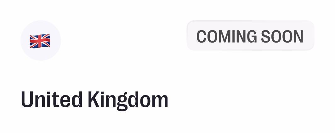 United Kingdom flag with "COMMING SOON" text and "United Kingdom" heading