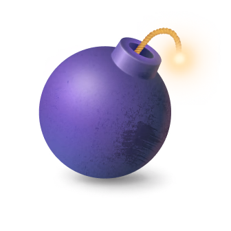 Purple spherical bomb with a lit fuse and glowing spark against white background
