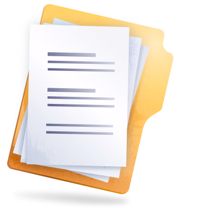 Stack of white documents with text lines inside a yellow and orange folder