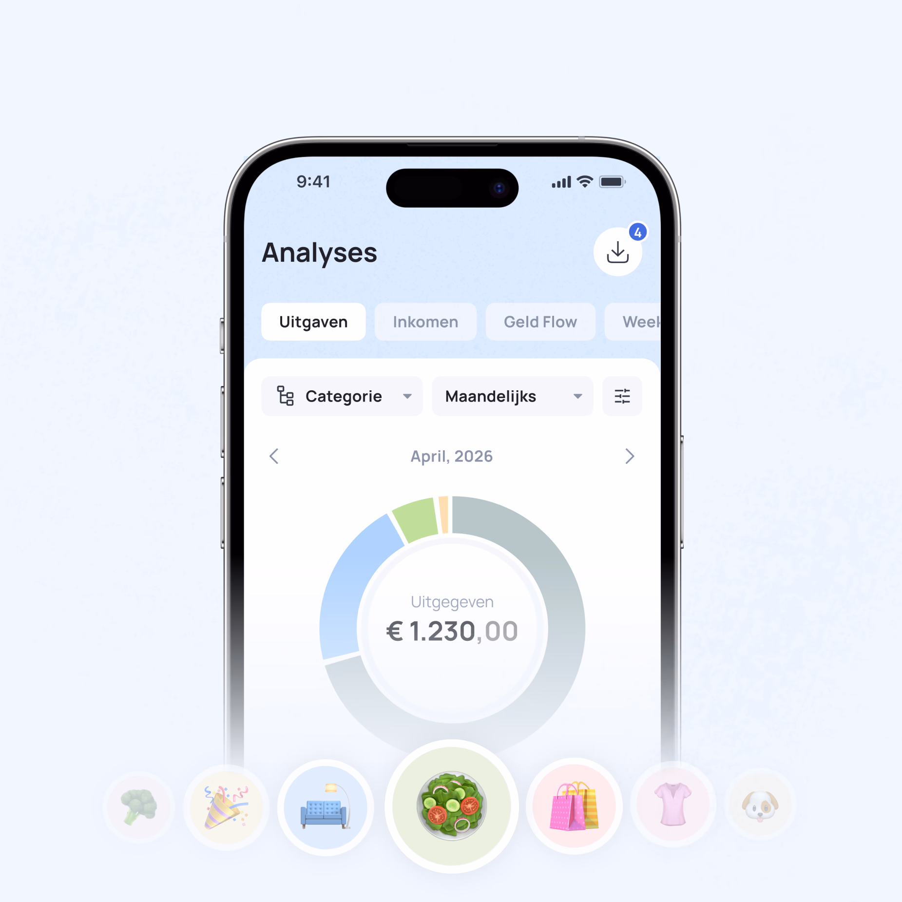 Smartphone displaying financial analysis dashboard showing ā¬1,230.00 spending for April 2026 with category breakdown pie chart