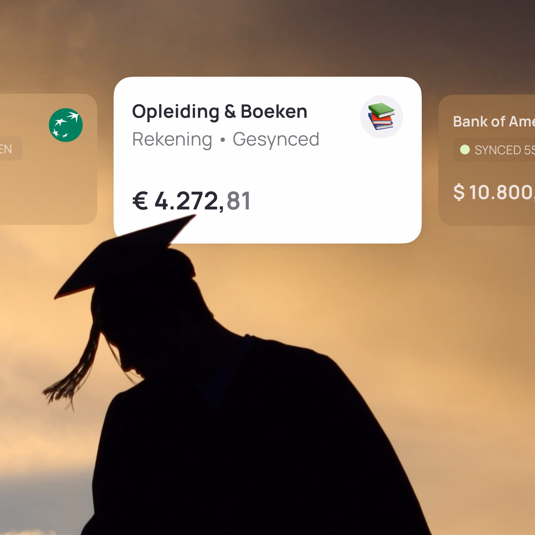 Silhouette of a graduate wearing cap and gown with a card showing "Opleiding & Boeken" account balance of ā¬4,272.81