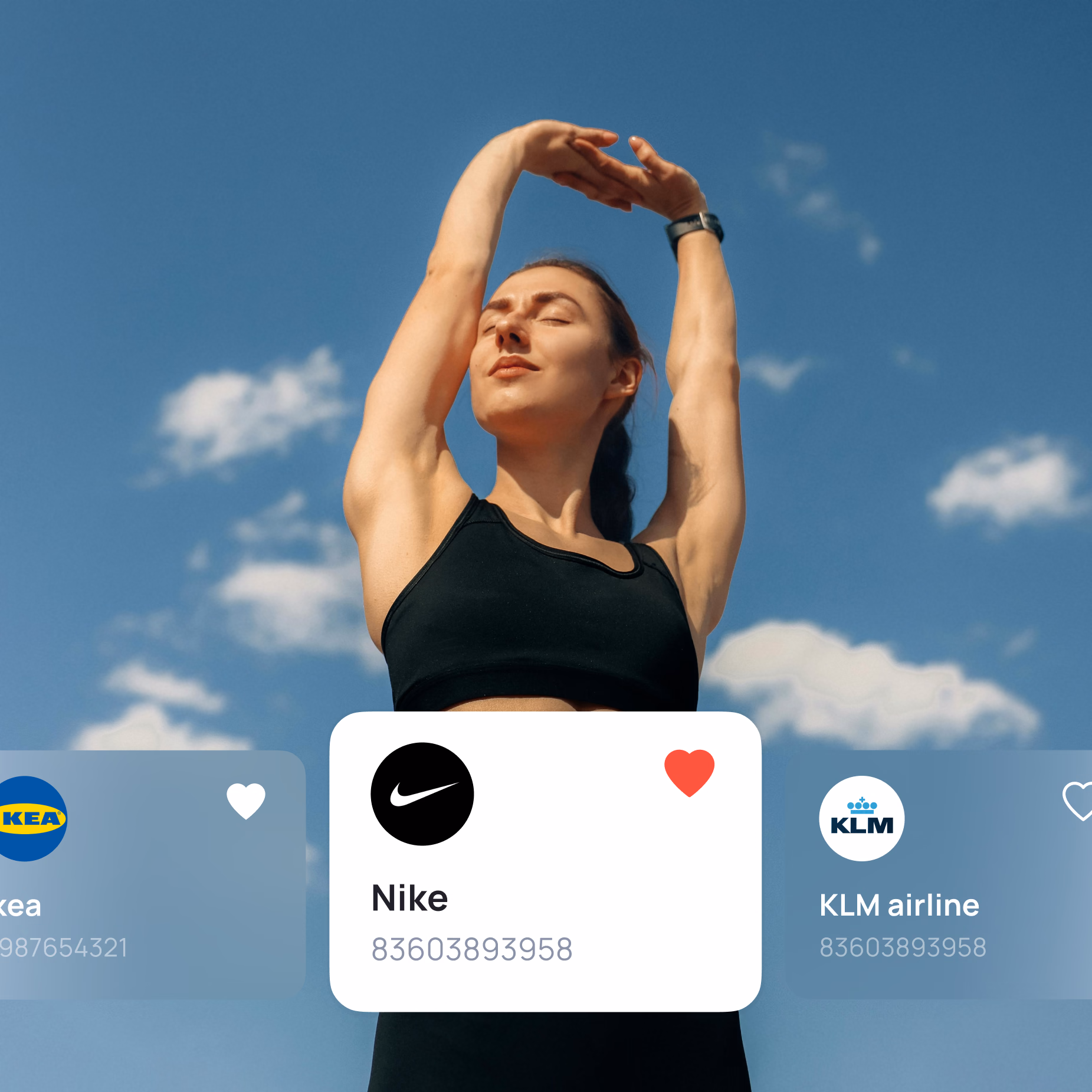 Woman in black sports top shading eyes against blue sky with Nike loyalty card overlay