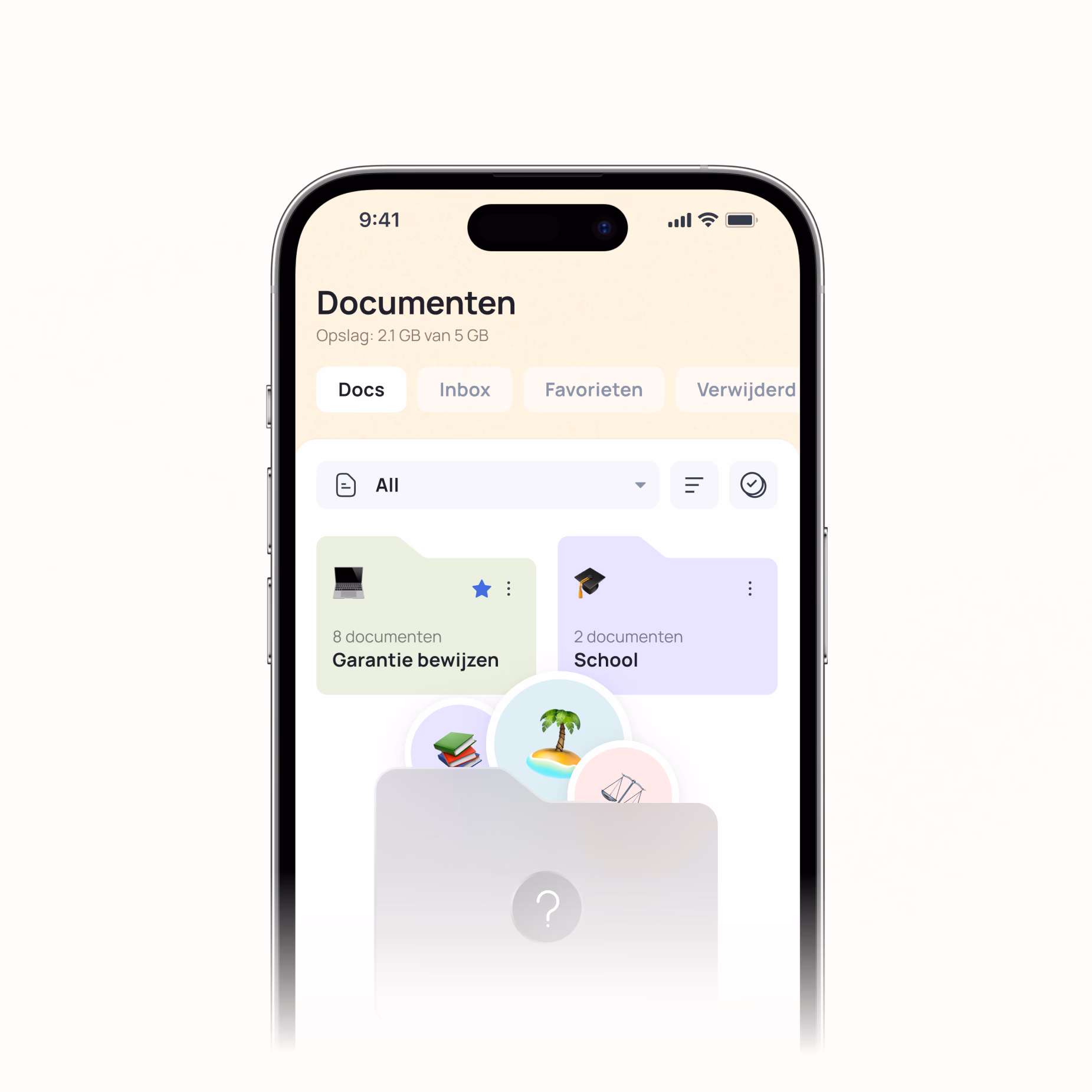iPhone showing a Documents app interface with folders for "Garantiebewijzen" and "School" categories