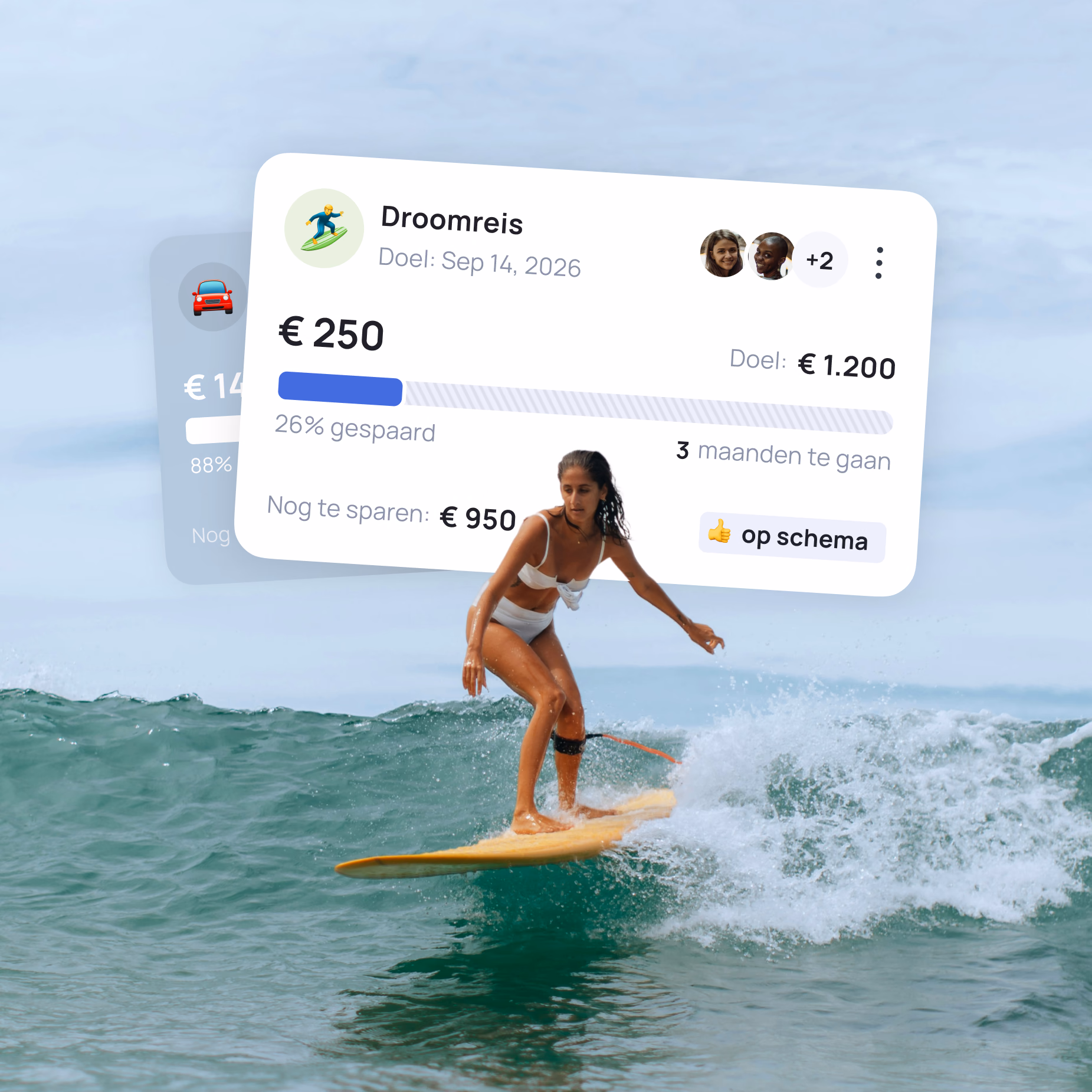 Woman surfing with a savings goal popup showing ā¬250 target for a trip on September 14, 2026