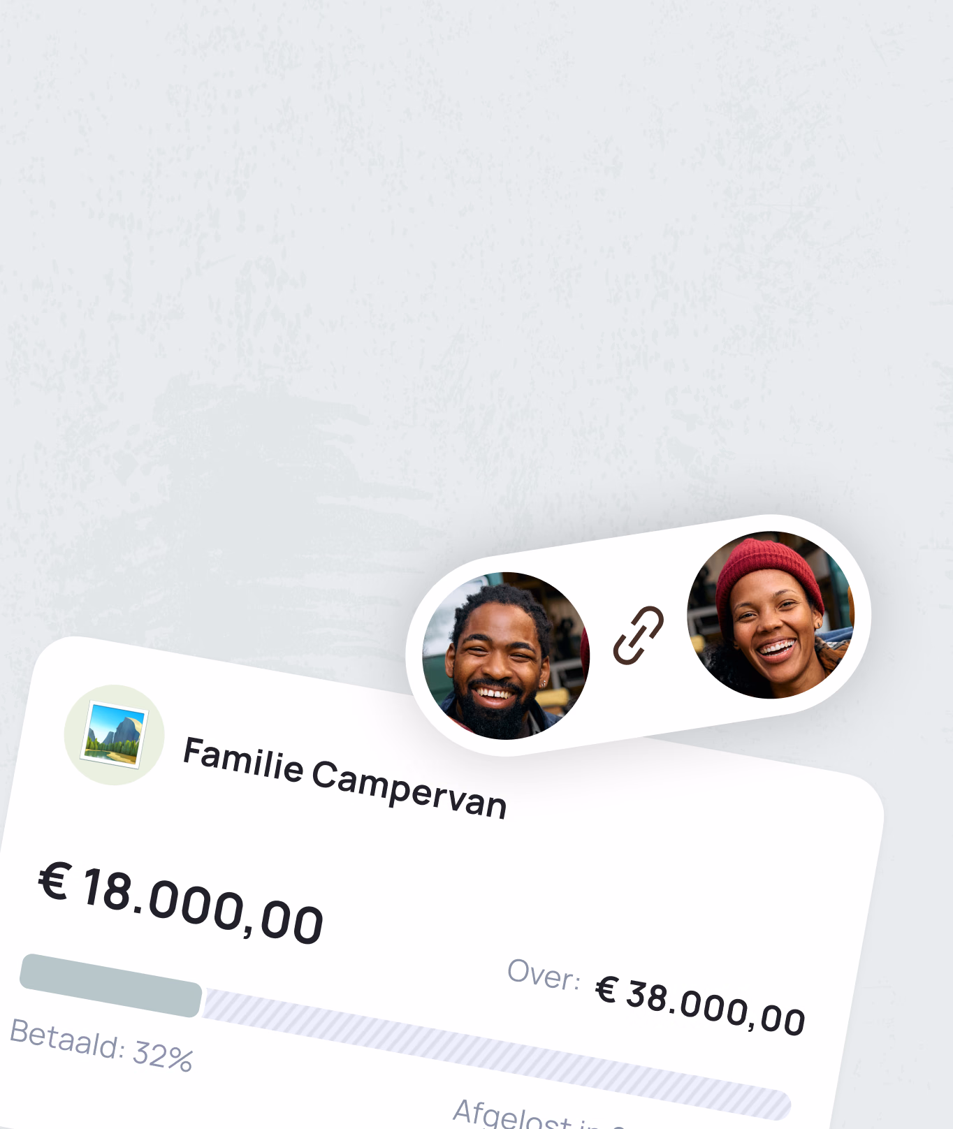 Familie Campervan fundraiser card showing ā¬18,000 raised of ā¬38,000 goal with two profile photos