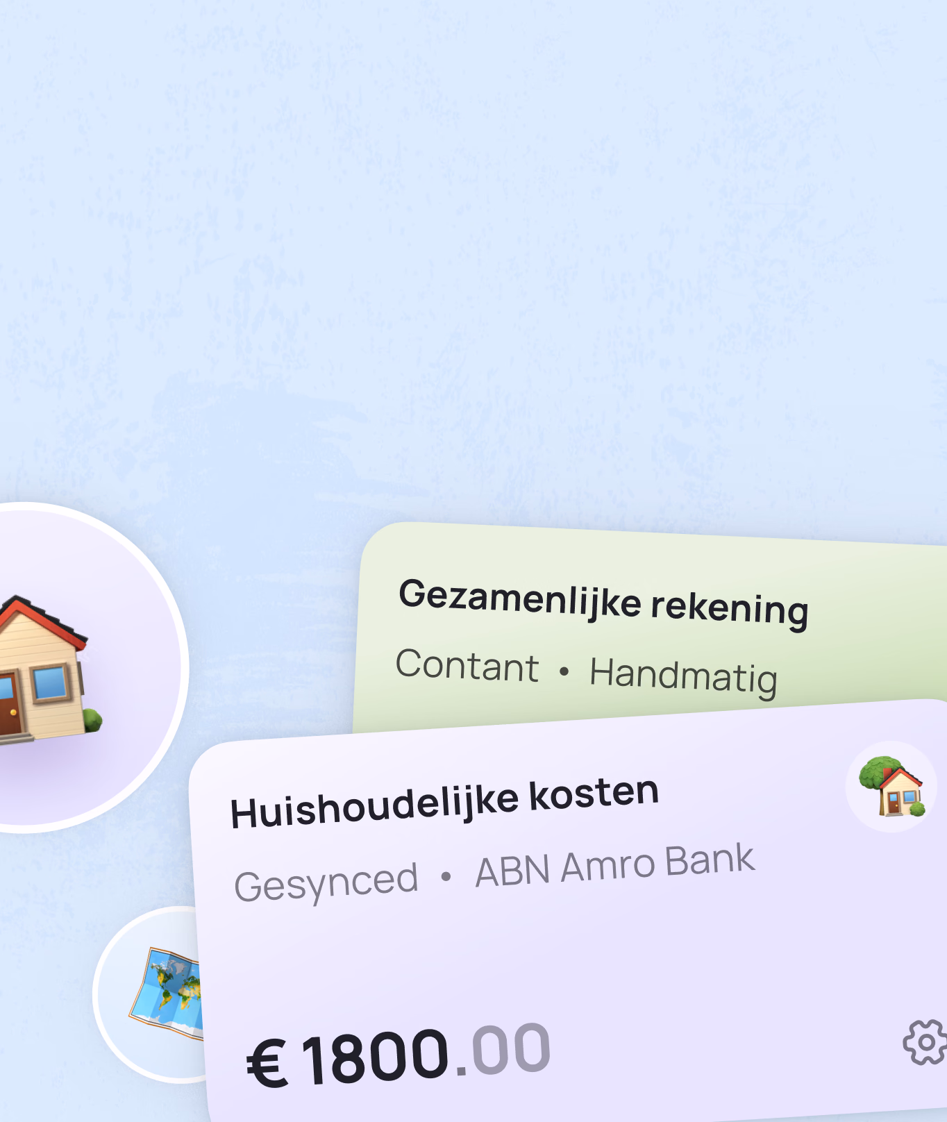 Huishoudelijke kosten card showing ā¬1800.00 expense from ABN Amro Bank with Gezamenlijke rekening details above
