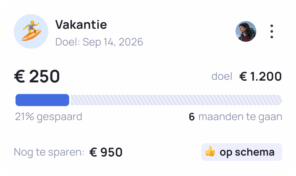 Vakantie savings goal at €250 of €1,200 target, 21% complete with 6 months remaining