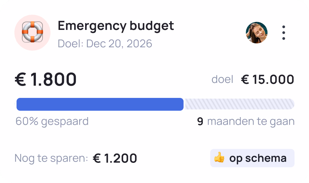 Emergency budget progress tracker showing €1,800 saved of €15,000 goal, 60% complete, 9 months remaining