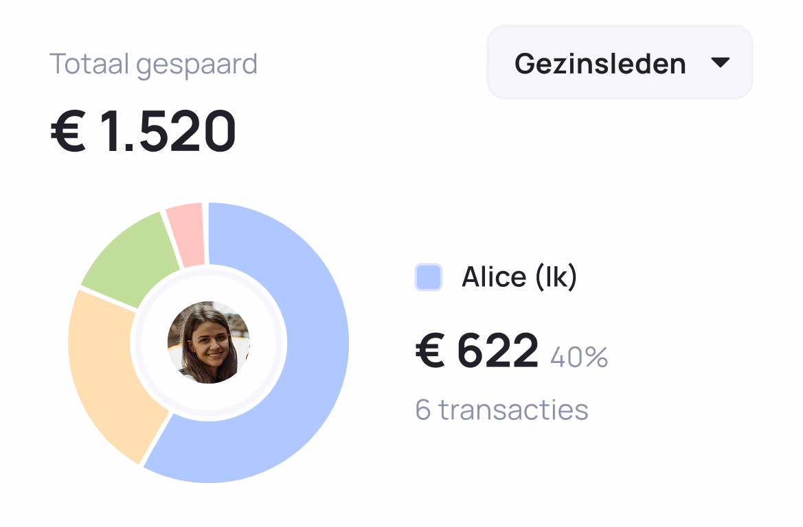 Pie chart showing €1,520 total spent, with Alice accounting for €622 (40%) across 6 transactions