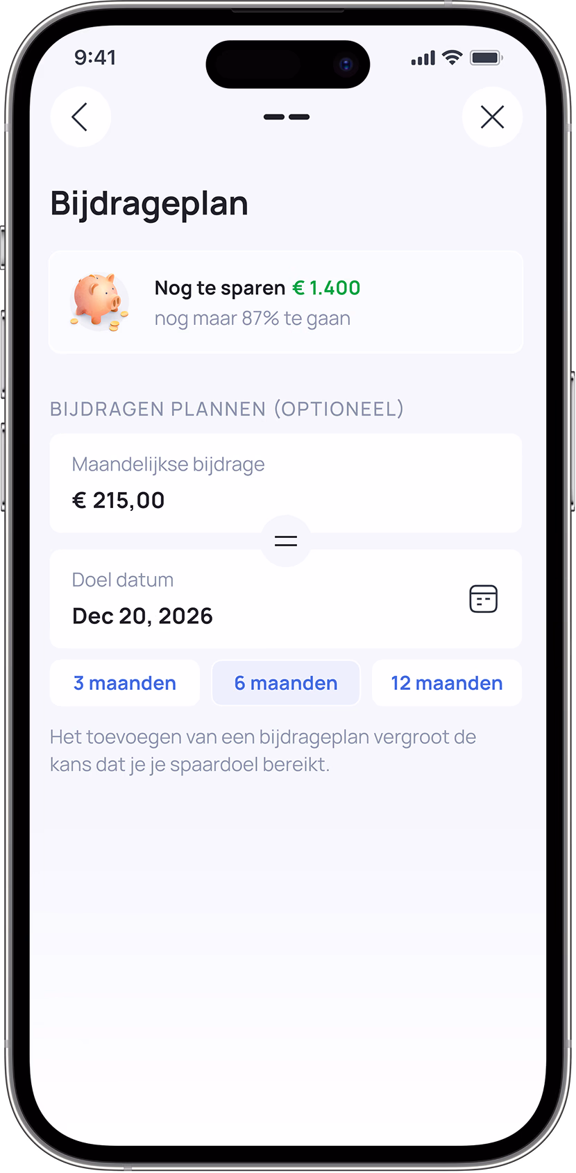 Mobile savings goal tracker showing €1,400 needed by Dec 20, 2026 with 3, 6, and 12 month payment options