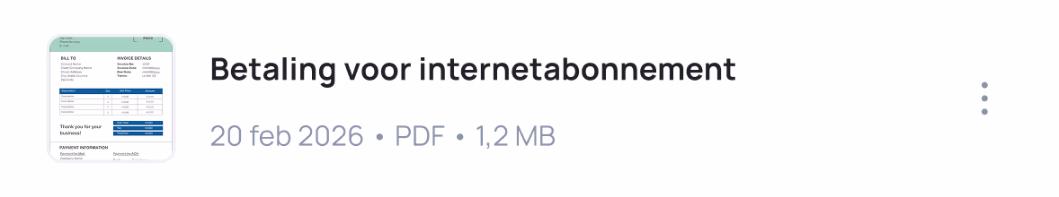 Screenshot of a PDF document titled "Betaling voor internetabonnement" dated 20 feb 2026, 1.2 MB