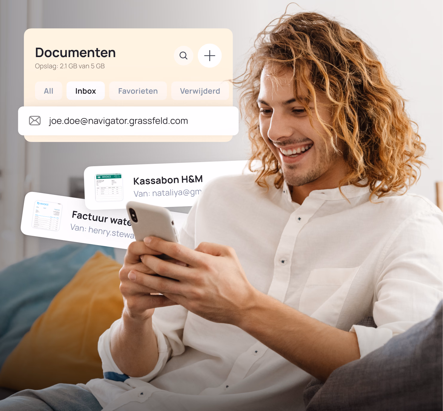 Man using smartphone displaying document management interface with email and file options