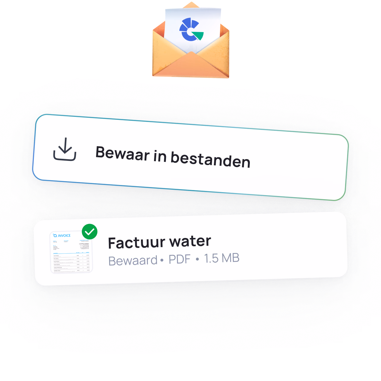 Email envelope with download notification showing "Bewaar in bestanden" and a PDF file "Factuur water" ready to save