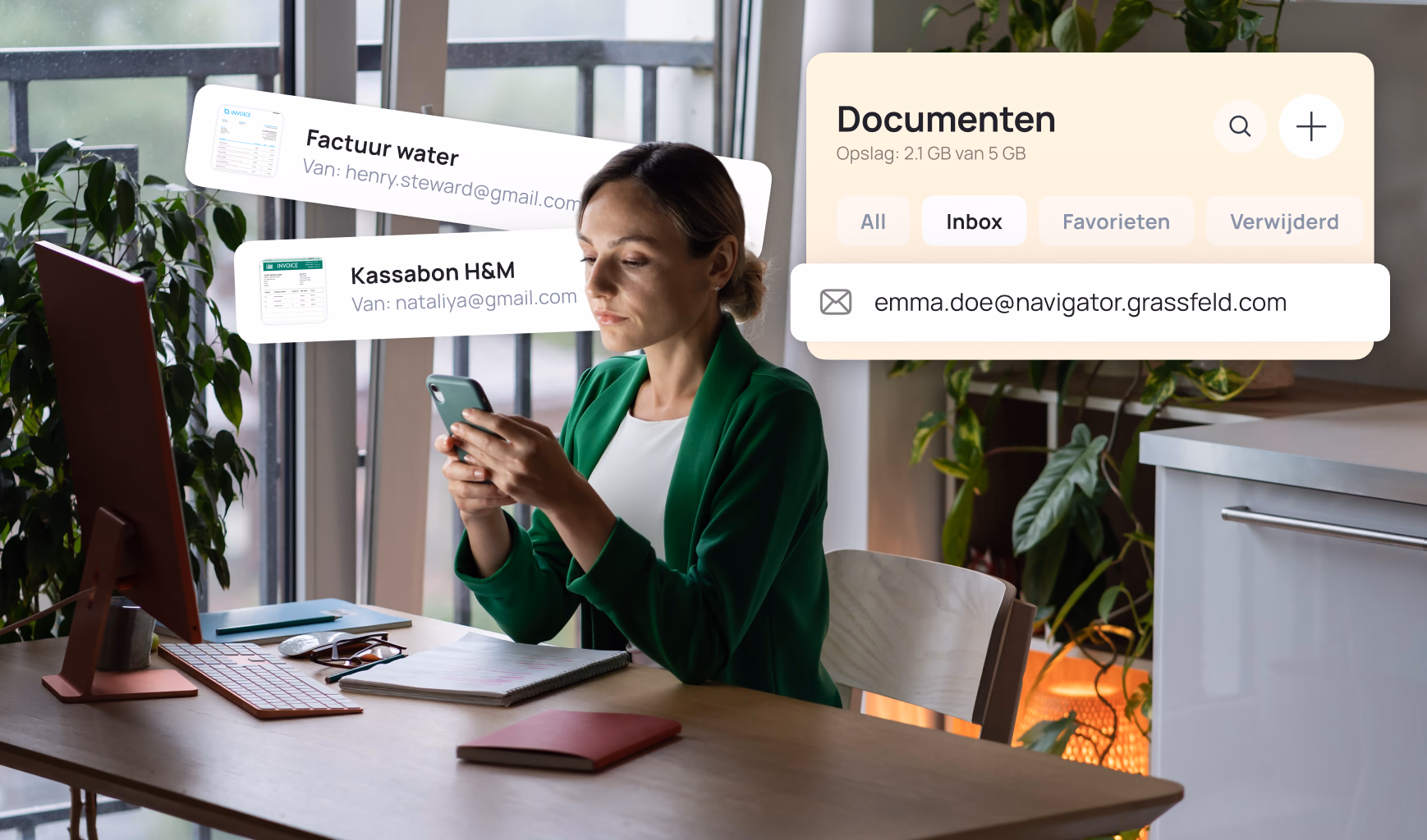 Woman in green blazer at desk with documents and phone, with "Factuui water" and "Documenten" interface overlays visible