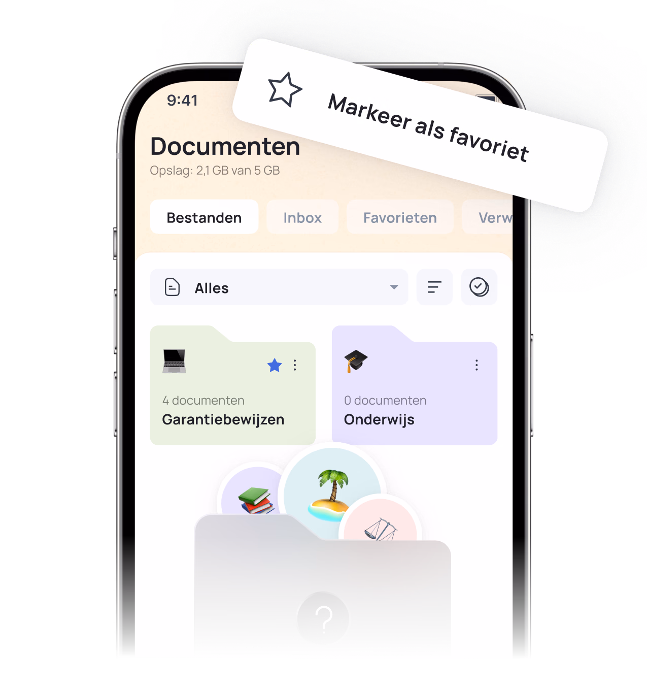 iPhone showing Documents app with Garantiebewijzen and Onderwijis folders, marking feature highlighted