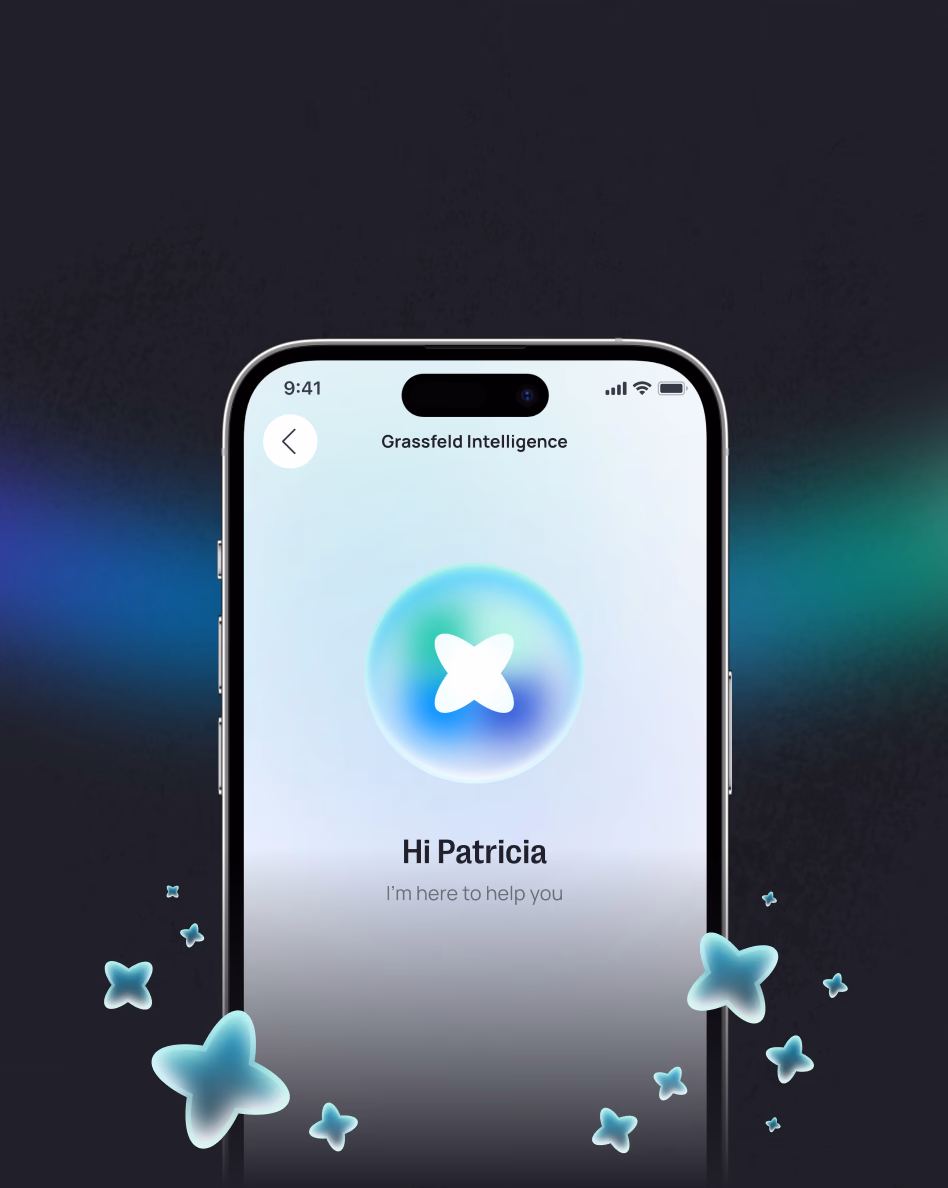 iPhone displaying Grassfeld Intelligence app with "Hi Patricia" greeting and animated star icon on dark background with floating decorative elements