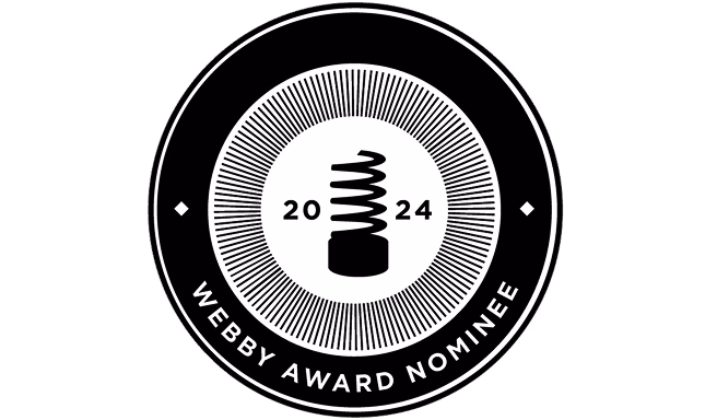 Webby Award Nominee 2024 badge featuring a spiral lightbulb design in black and white circular seal