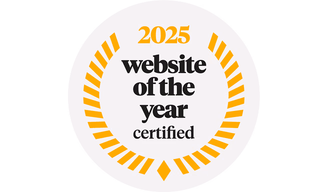2025 website of the year certified badge with gold radiating sunburst border