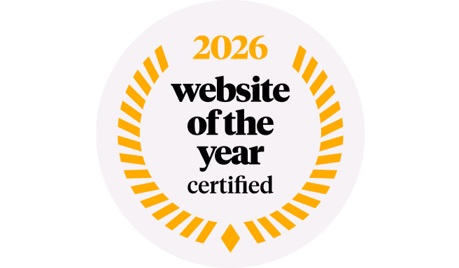 2026 website of the year certified badge with gold sunburst design