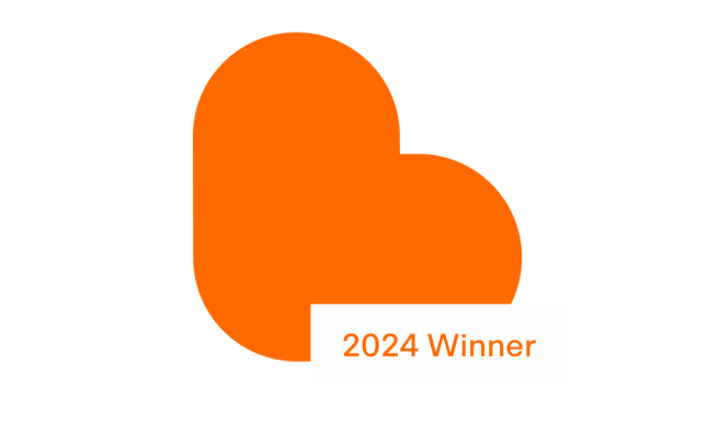 Orange award badge with rounded shapes and "2024 Winner" text