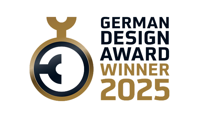 German Design Award Winner 2025 logo with gold medal and dark blue stylized shape