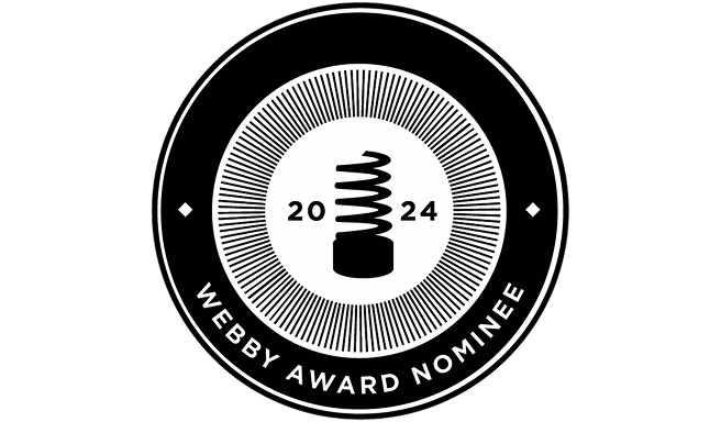 Webby Award Nominee 2024 badge featuring a spiral lightbulb icon in the center with concentric circular rings and text around the outer ring