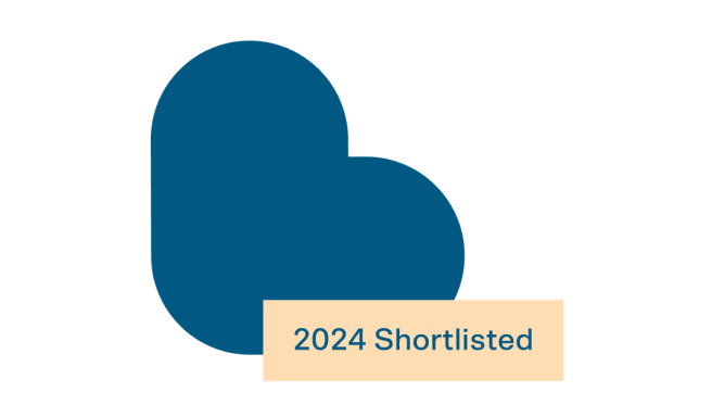 Teal award badge with "2024 Shortlisted" text on beige label
