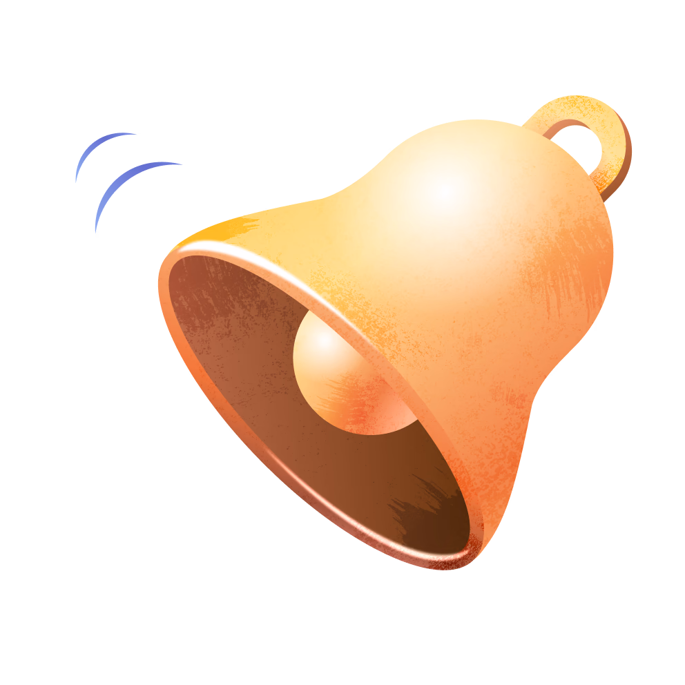 Golden bell with clapper ringing, accompanied by blue motion lines indicating sound