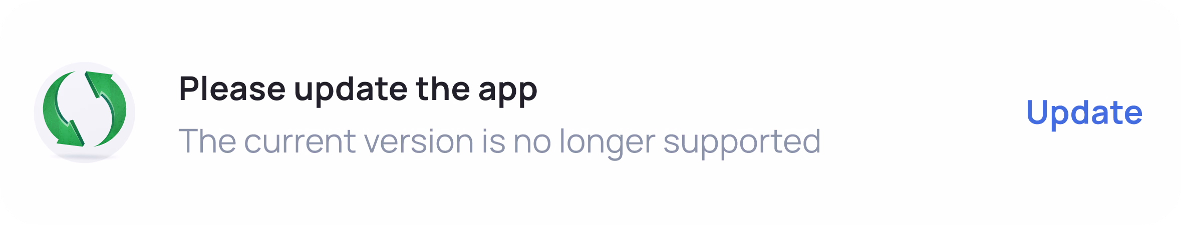 App update notification with green icon, "Please update the app" heading, and blue Update button