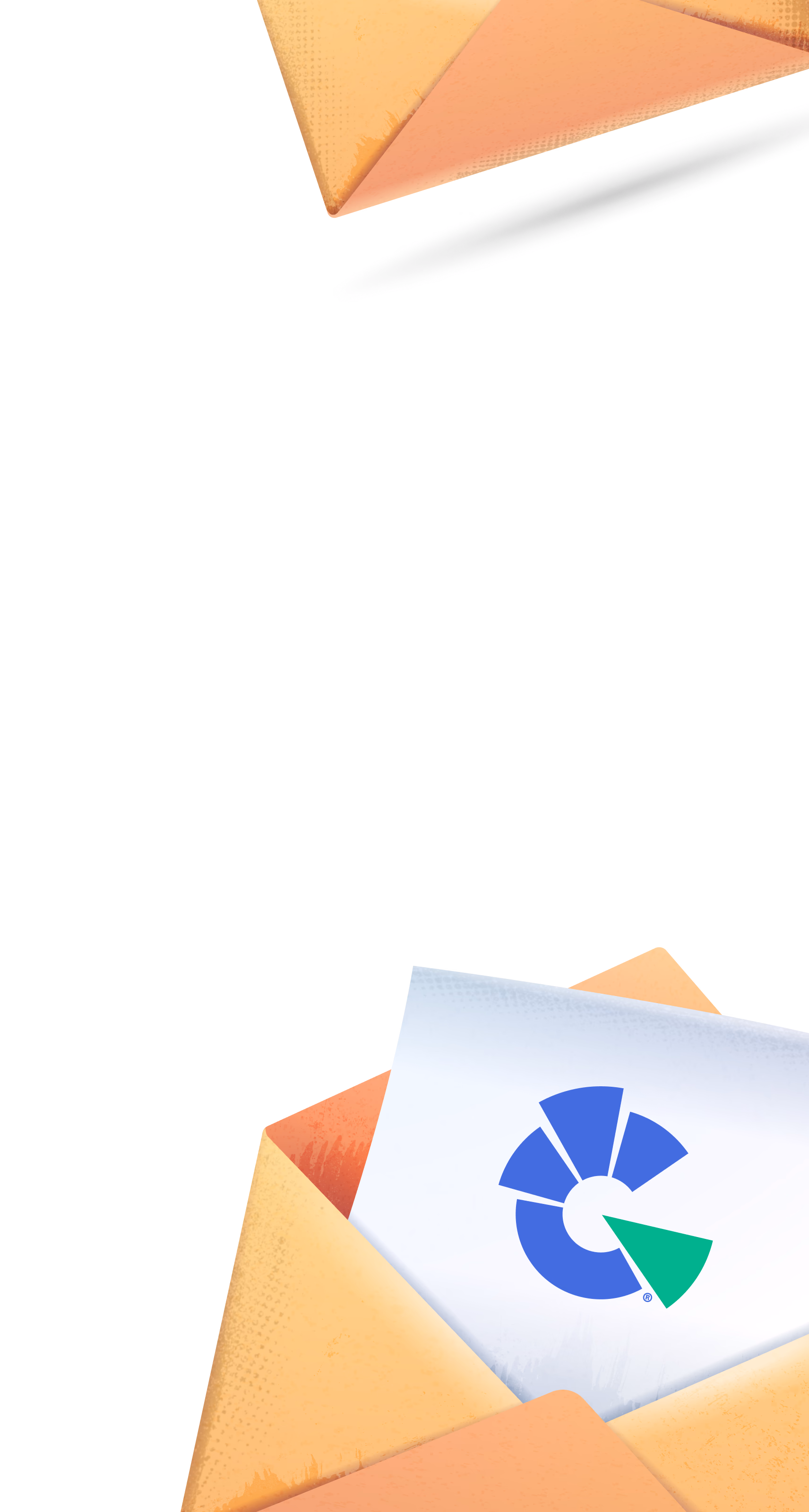 Colorful geometric envelopes with a blue and green circular logo on white paper