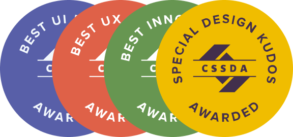 Four overlapping award badges in blue, red, green, and yellow labeled Best UI, Best UX, Best Innovation, and Special Design Kudos CSSDA Awarded