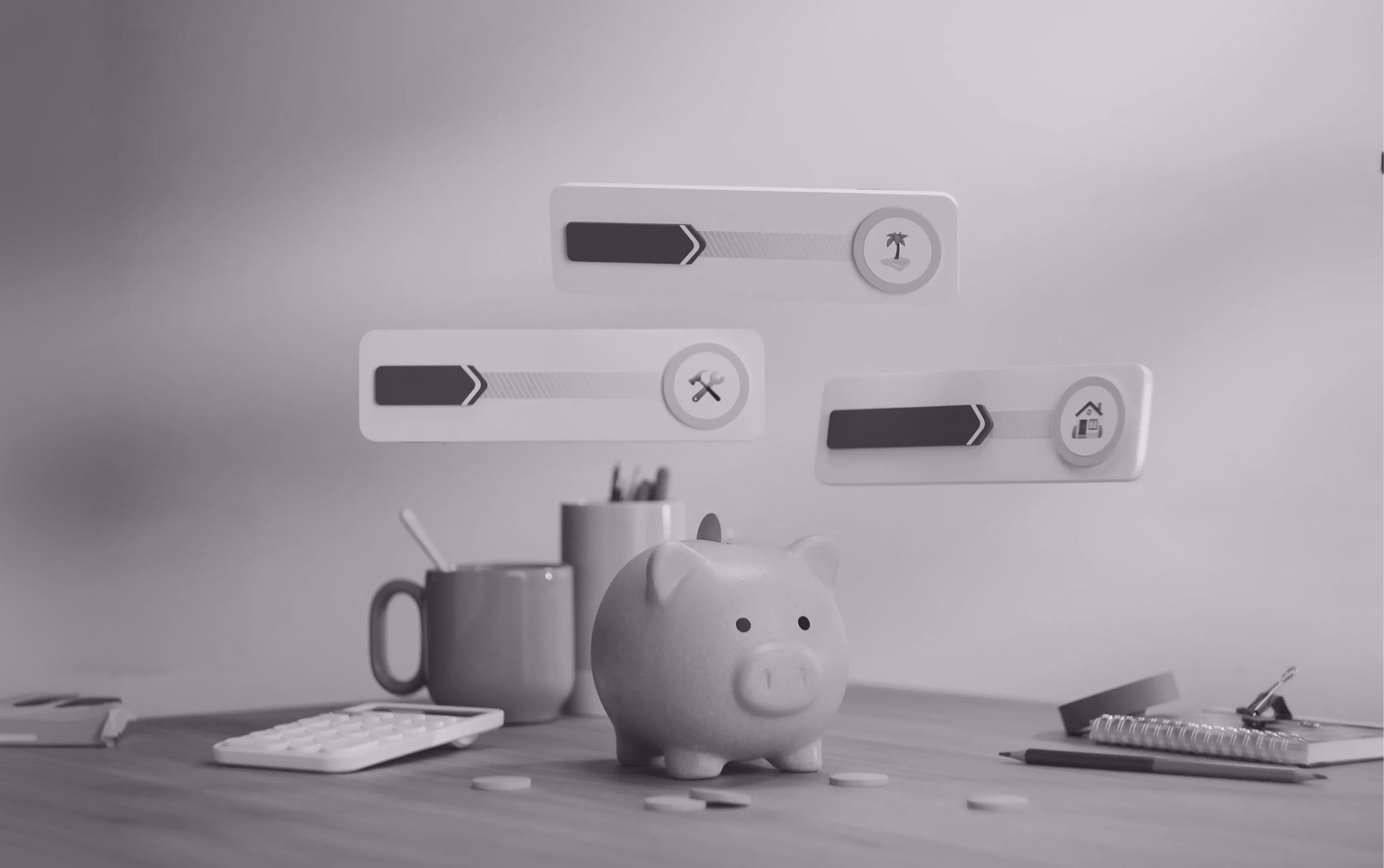 Piggy bank surrounded by office supplies with floating financial icons and navigation arrows