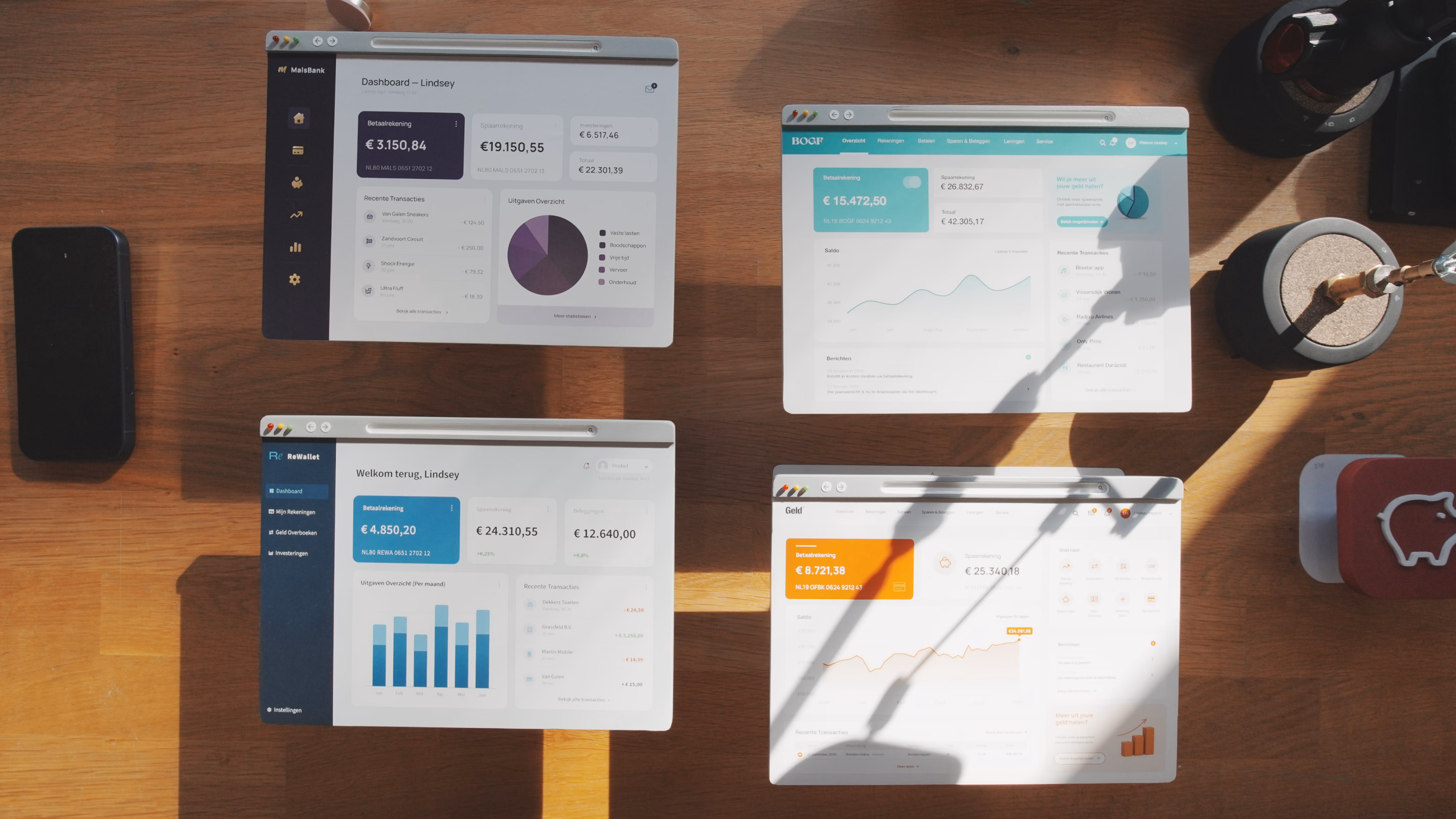Multiple tablet screens displaying financial dashboards and analytics charts on a wooden desk with office supplies