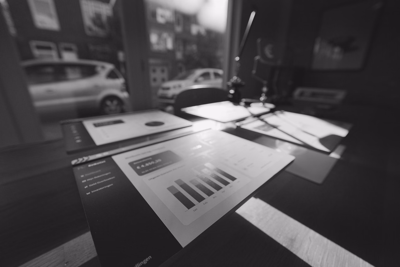 Black and white desk workspace with financial charts, laptop, wireless router, and urban street view through window