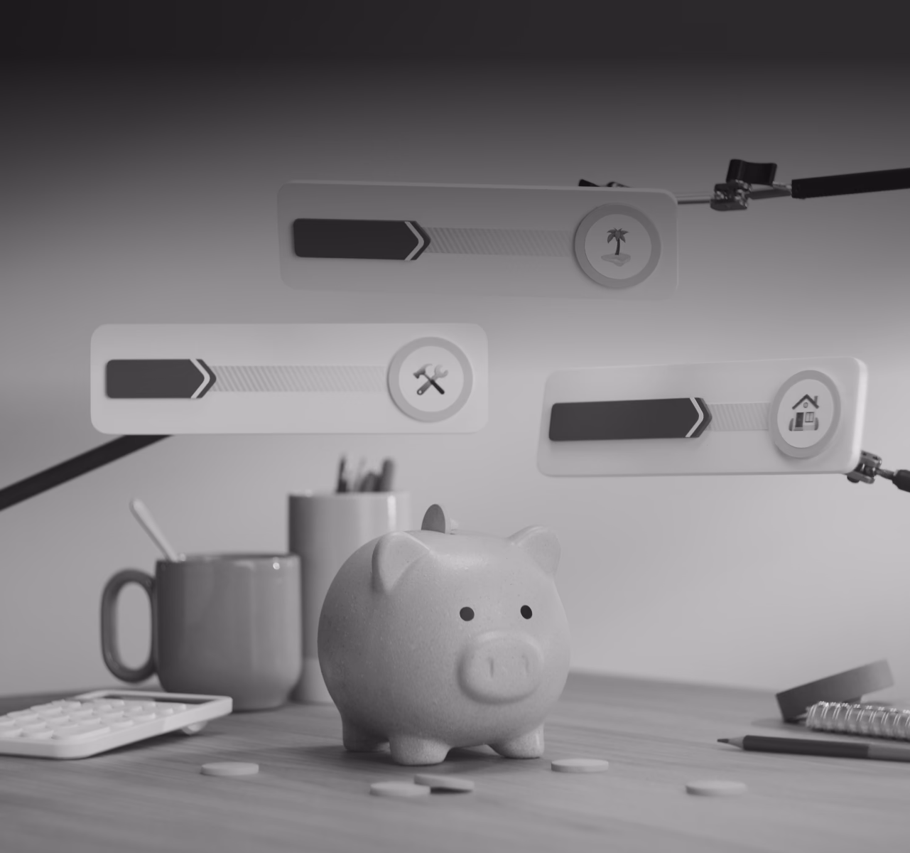 Piggy bank on desk with floating UI elements showing financial icons and arrows in grayscale