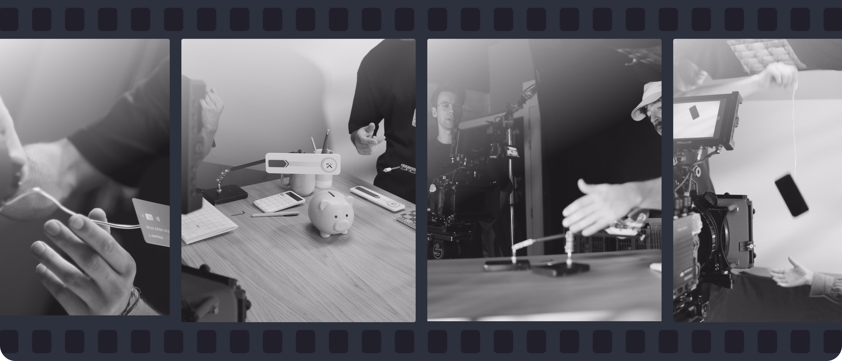 Four black and white film frames showing hands, desk workspace, lighting equipment, and production setup
