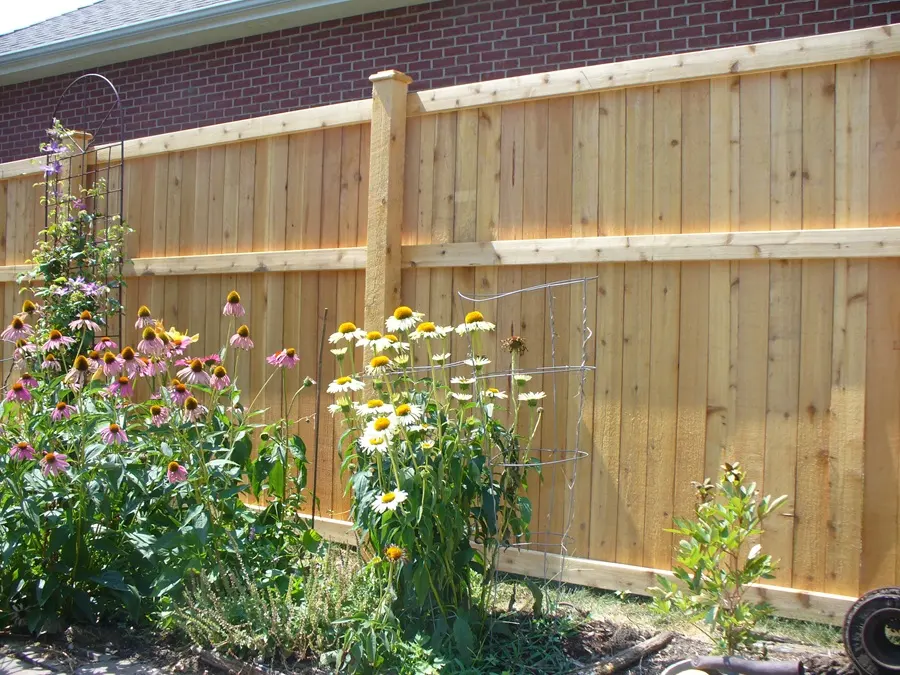 A cedar shadow board fence providing privacy while allowing some airflow between boards