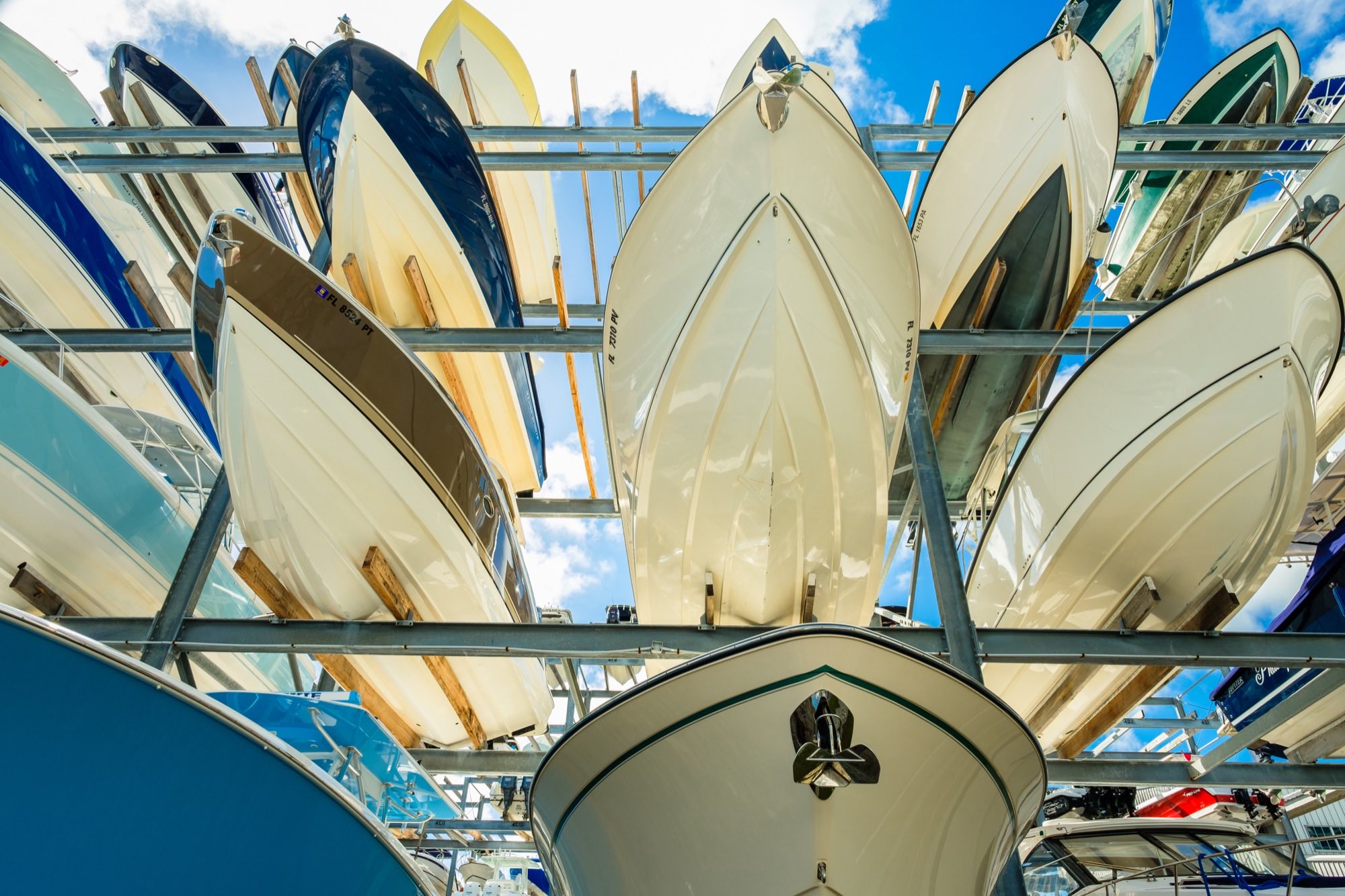 Boats stored on the dry stack racks at a PORT 32 marina