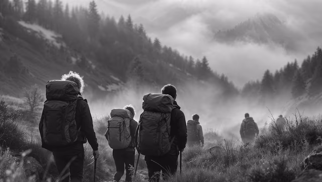 Journeyz future vision illustrated by hikers walking into misty mountains, symbolizing GenAI-powered customer personalization transforming SaaS retention and revenue growth.