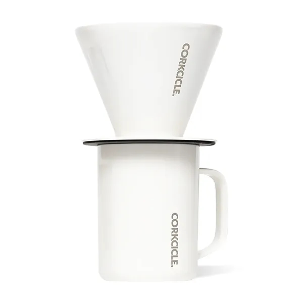 Brew in style with the CORKCICLE® Pour Over Set-the perfect gift for at-home coffee lovers. Includes a double-walled pour over brewer and a matching 16oz triple-insulated mug for smooth sipping. Designed with a no-slip silicone bottom and compatible with #2 and #4 filters (not included). Mug is dishwasher safe; pour over is handwash only. BPA and phthalate free. Each purchase supports clean water through charity: water. 1 color/1 location print or 1 location laser engraving.