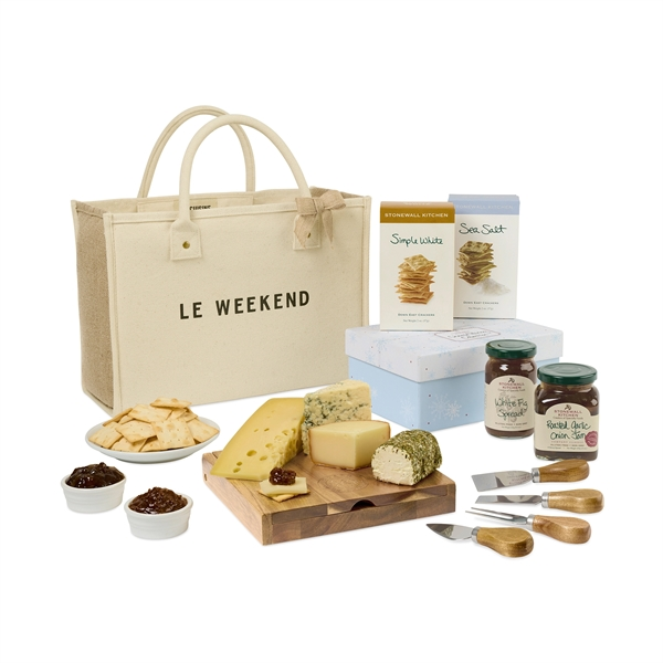 This stylish tote includes almost everything needed for presenting an appetizer or charcuterie board. Everything but the cheese! Includes 13 oz Roasted Garlic Onion Jam 9.5 oz White Fig Spread 2.0 oz Sea Salt Crackers 2.0 oz Simple White Crackers Acacia wood set includes tools used for hard and soft cheeses; thin knife, chisel knife, serving fork and small spade. 1 color/1 location transfer or 1 color/1 location print or 1 location laser engraving.