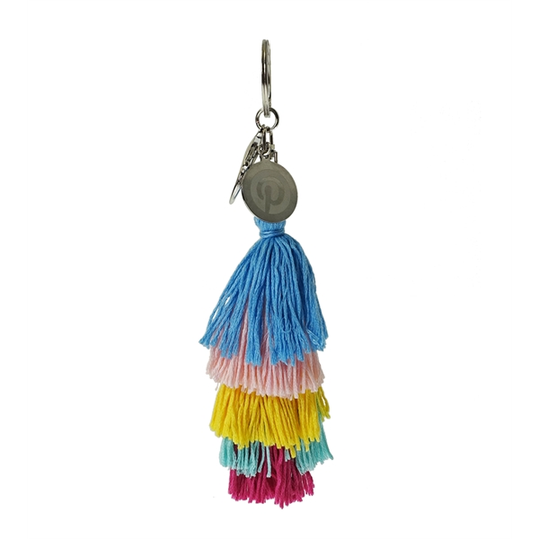 String Tassel Keychain. Material: Cotton String. Size: Approx. 7" Total Length. Includes 1" Round Charm W/ Laser Etched Logo. 1" Round Charm W/ Laser Etched Logo.